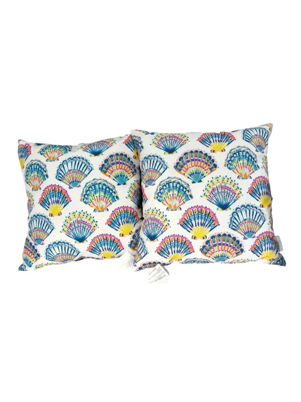 Blue Pink Seashells Tropical beachy Lot of 2 Throw Pillow White Pink Blue 17x17